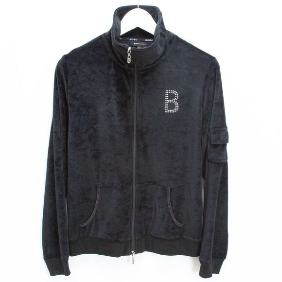 Vgt Y2K BCBG Rhinestones Bling Logo Black Velvet Tracksuit Jacket Sz L Full Zip - Picture 6 of 10